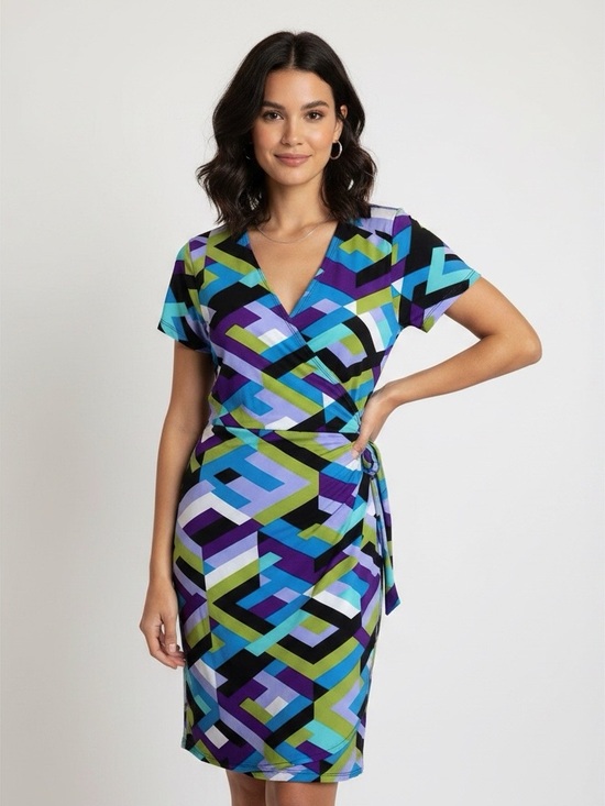 Emma & Michele Dresses & Skirts - Emma & Michele Wrap Dress purple Green geometric print short sleeves size large